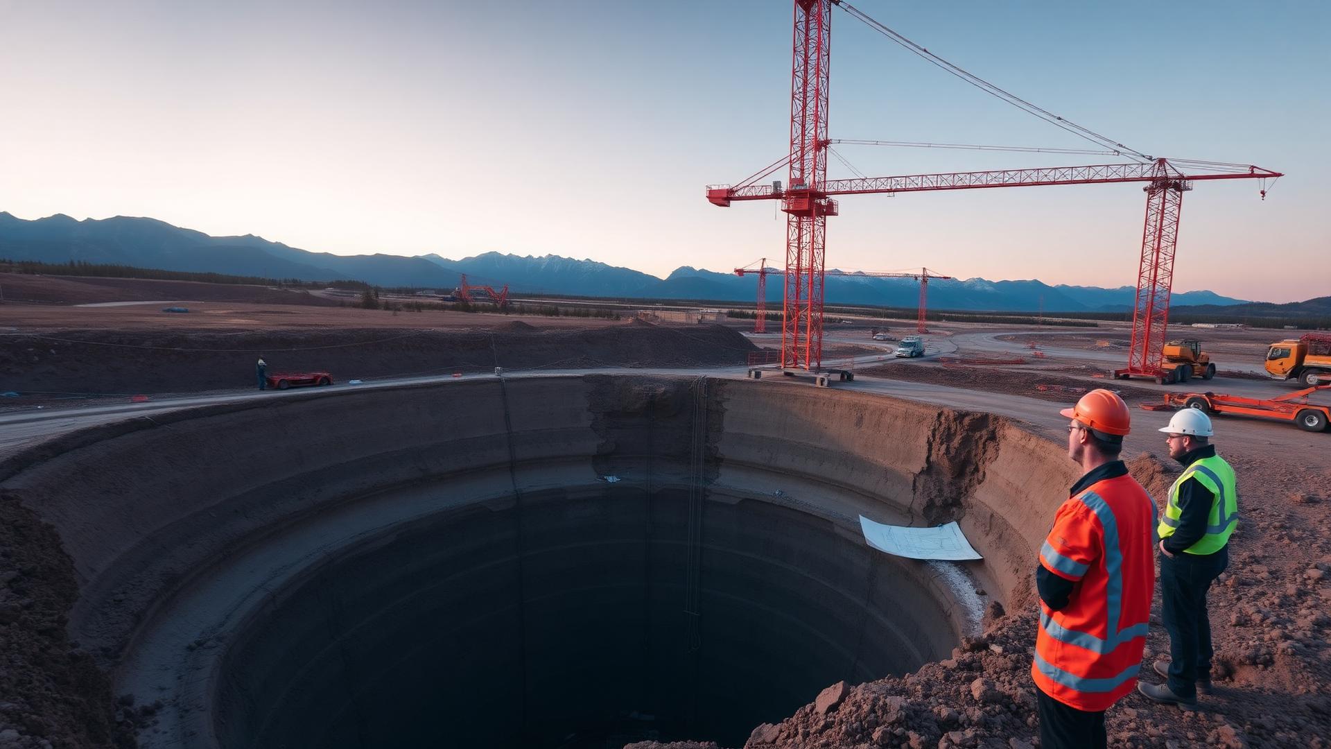 Northern Earthworks foundation excavation site at dawn in the Canadian Rockies